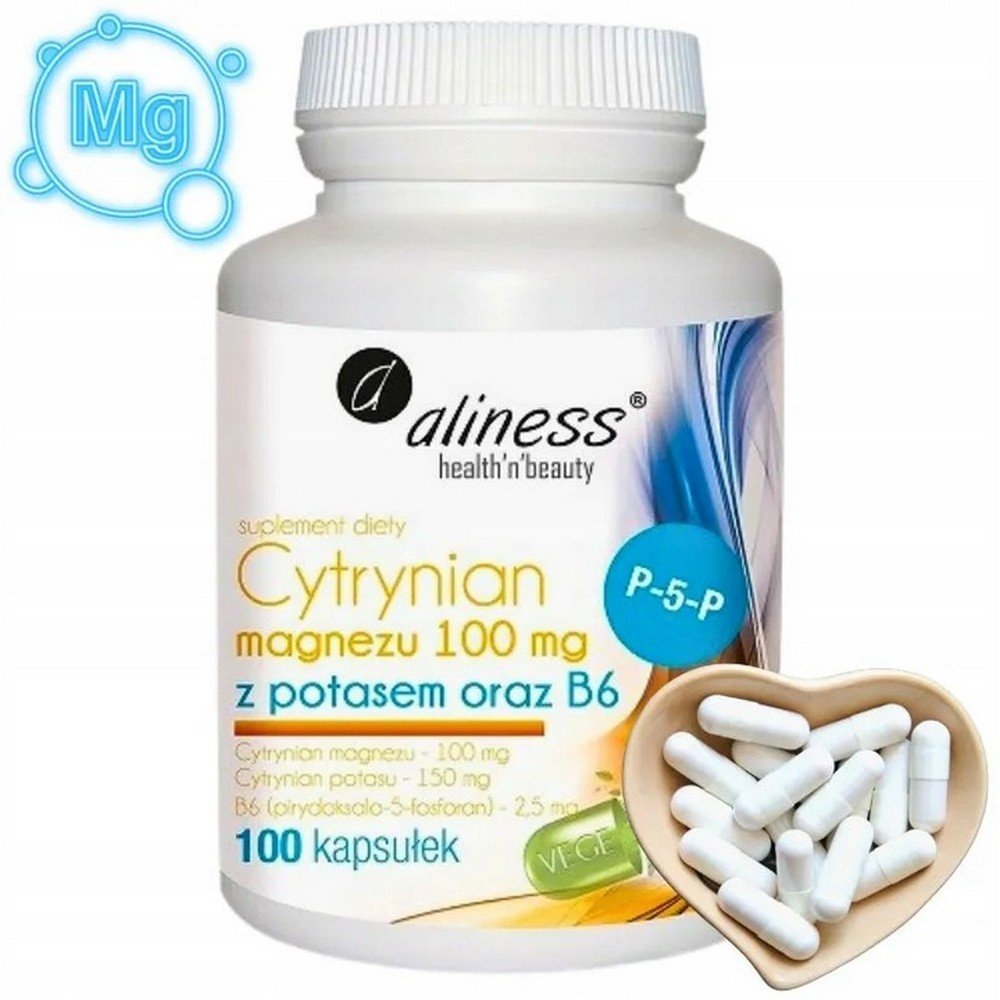 Aliness,Aliness Magnesium Potassium B6 - Magnesium Citrate 100 mg | 100 capsules,Aliness Magnez Potas B6 - Cytrynian Magnezu 100 mg | 100 kapsułek