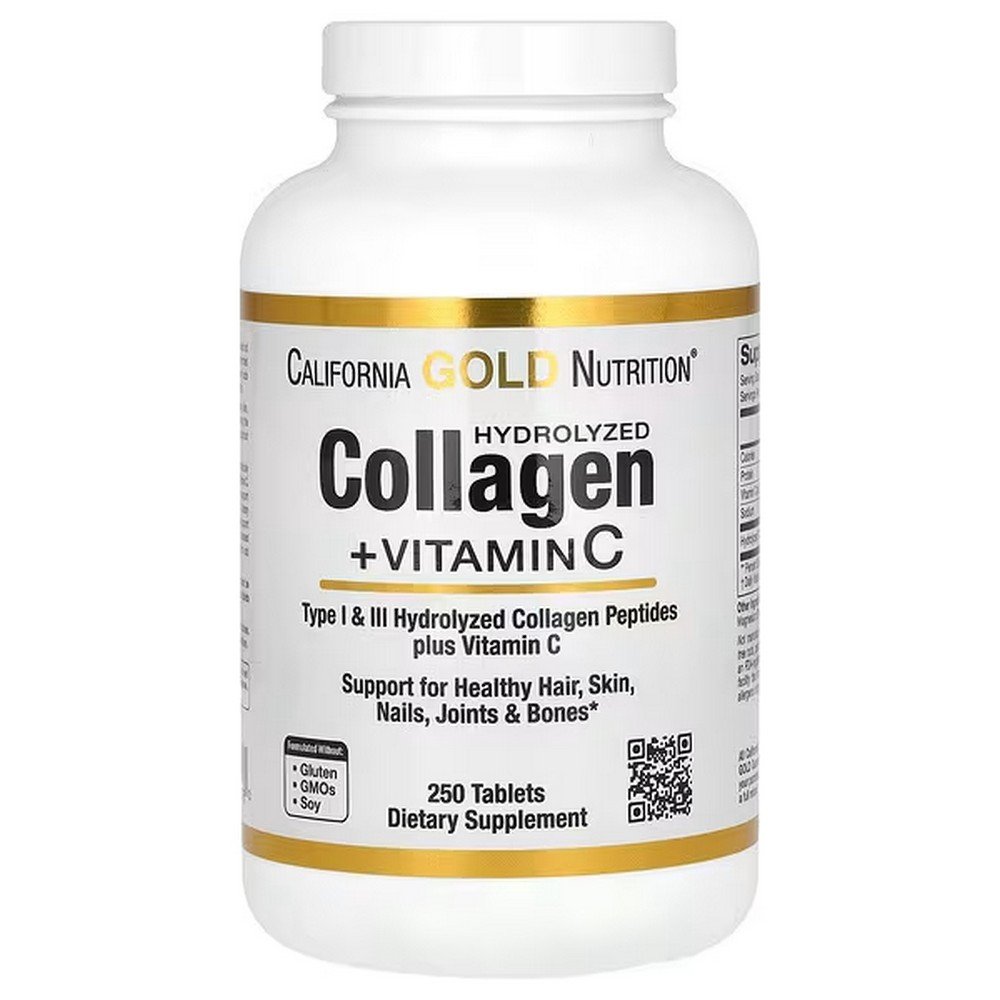 California Gold Nutrition, Hydrolyzed Collagen Peptides + Vitamin C, Hydrolyzed Collagen Peptides + Vitamin C,250 Tablets,California Gold Nutrition, пептиды гидролизованного коллагена с витамином C,250 таблеток