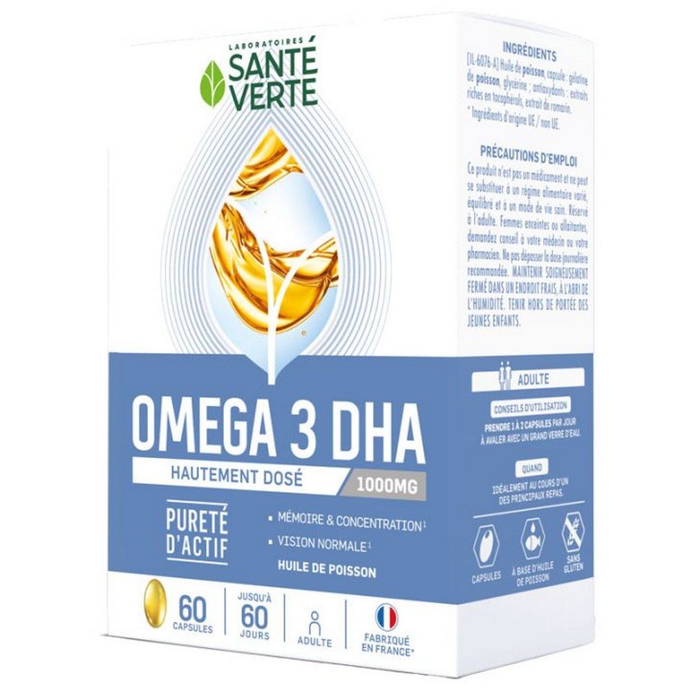 Health-Green Omega3 1000mg DHA Memory Concentration 60 capsules,Health-Green Omega3 1000mg DHA Concentration Mémoire 60 gélules