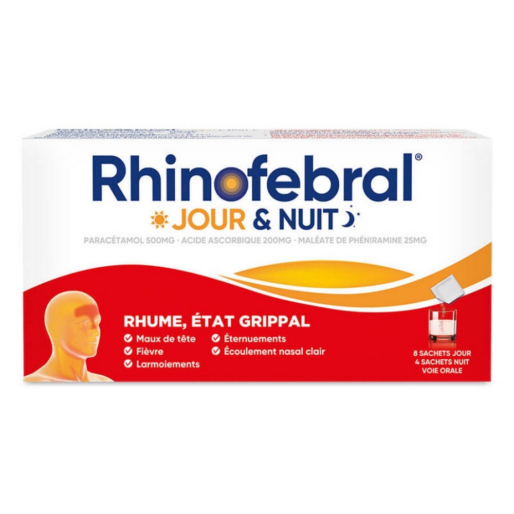 Rhinofebral Day & Night Cold Flu Condition 12 sachets,Rhinofebral Rhume Jour & Nuit Condition Grippe 12 sachets