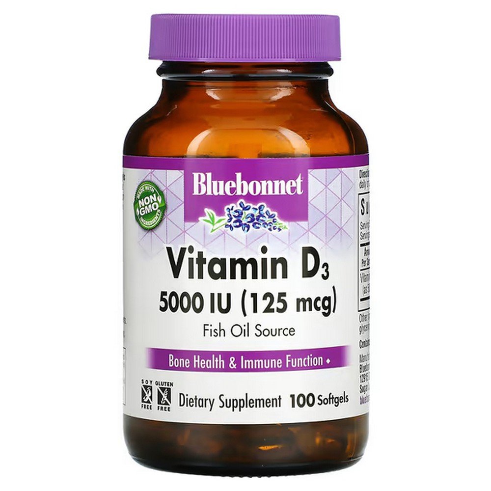 Bluebonnet Nutrition, Vitamin D3, 125 mcg (5,000 IU), 100 softgels,Bluebonnet Nutrition, Витамин D3, 125 мкг (5000 МЕ), 100 мягких таблеток