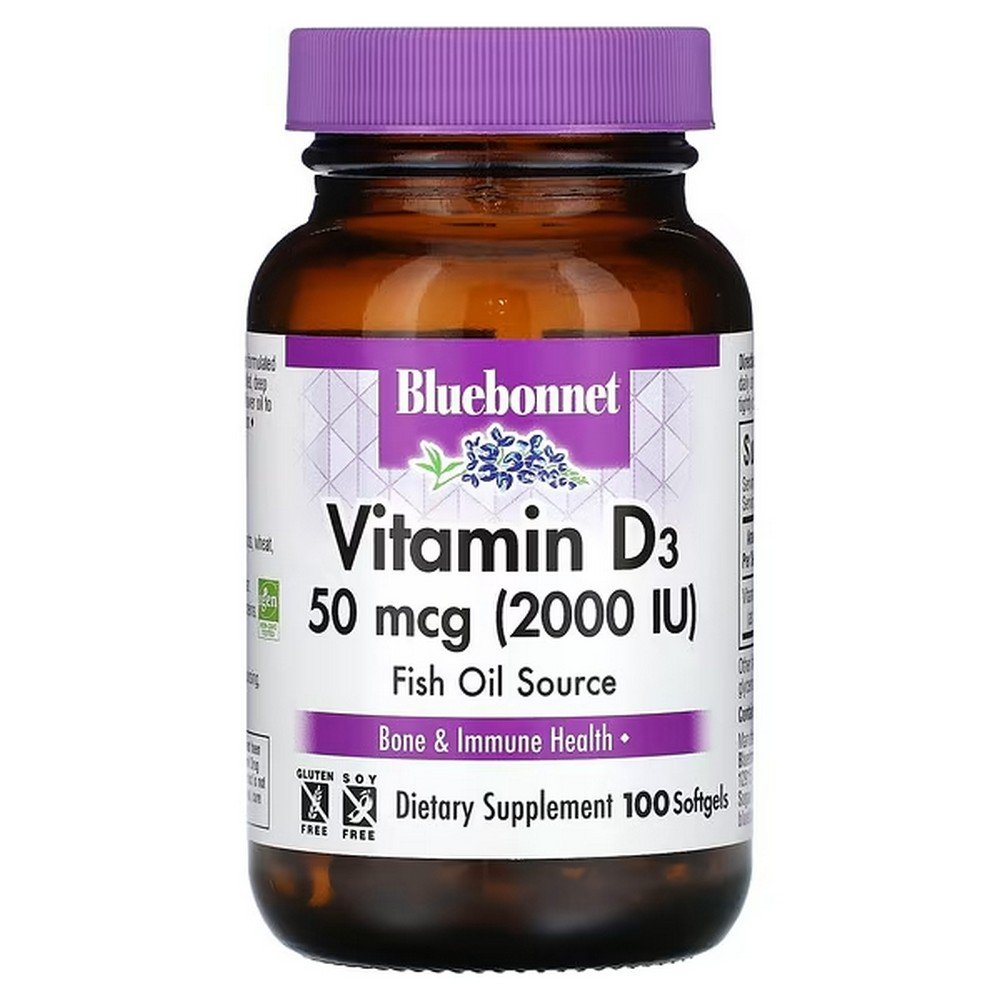 Bluebonnet Nutrition, Vitamin D3, 50 mcg (2,000 IU), 100 softgels,Bluebonnet Nutrition, Витамин D3, 50 мкг (2000 МЕ), 100 мягких таблеток
